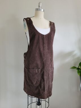 VINTAGE corduroy pinafore overall style dress in brown with brass buttons